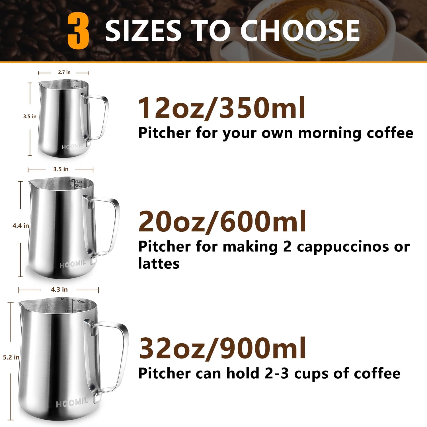 HOOMIL Milk Frothing Pitcher, 32oz, 304 Stainless Steel - Silver